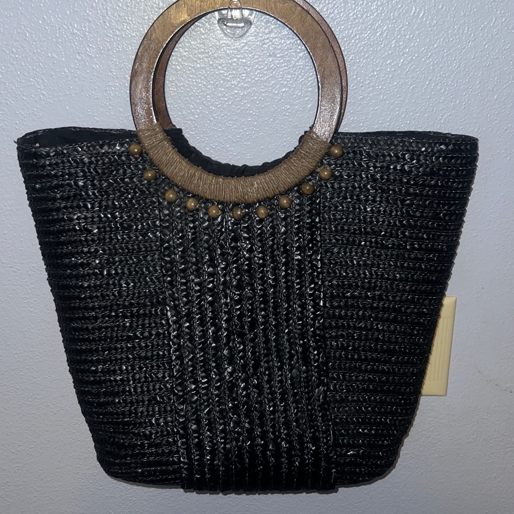 Black Woven Tote Bag with Wooden Handles - Picture 10 of 10